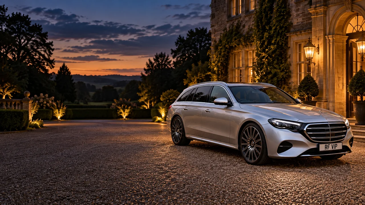 RF Executive Travel Mercedes-Benz E-Class Estate at a country hotel at dusk — campaign image